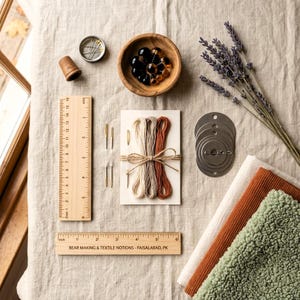 K&ouml;nnte beinhalten: Ein Bastelset bestehend aus einem Holzlineal mit 15 cm Skala, einem Fingerhut aus Metall, einer Schale mit schwarzen und bernsteinfarbenen Kunststoffaugen, Sticknadeln, drei Garnb&uuml;ndeln in Creme, Beige und Rostbraun, Metallscheiben und Lavendel.