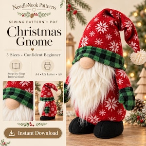 May include: A Christmas gnome sewing pattern PDF featuring a red hat with white snowflakes, a green and black plaid brim, a long white beard, and black boots. The text reads NeedleNook Patterns, Christmas Gnome, 3 Sizes, Confident Beginner.