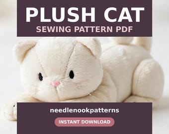 Plush Cat Sewing Pattern PDF, Lying Kitten Stuffed Animal Pattern, Beginner Minky Plush Toy, 3 Sizes 10 14 18 Inch, Instant Download