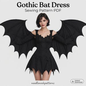 Pode incluir: Um vestido preto com decote e bainha recortados, apresentando grandes mangas em forma de asas de morcego. O texto diz Gothic Bat Dress Sewing Pattern PDF e needlenookpatterns. A peça tem um corpete justo e mangas compridas com aberturas.