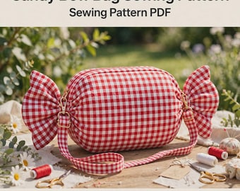 Mönster för godisroséväska i PDF-format, sömnadsmönster för ginghamväska, DIY-axelväska med rosett, mönster för godisväska, sömnadsmönster för söt väska
