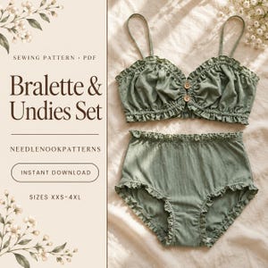 Mönster för skrynklad bralette och trosset, set med volanger i PDF-format, bralettemönster för Cottagecore XXS-4XL, mönster för nybörjarunderkläder
