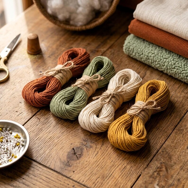K&ouml;nnte beinhalten: Vier B&uuml;ndel gedrehte Baumwollkordel in Rost, Salbeigr&uuml;n, Creme und Senfgelb, jeweils mit einer Papierbanderole mit der Aufschrift handmade versehen. Das Set enth&auml;lt einen Fingerhut, eine Schere, eine Schale mit Stecknadeln und gefalteten Stoff.