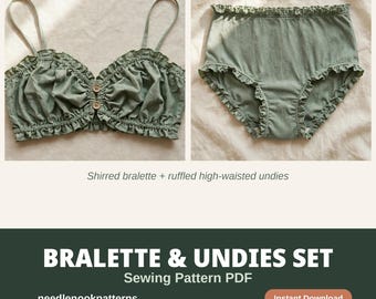 Naaipatroon voor een geplooide bralette en slipje, lingerie set met ruches (PDF), bralette patroon in cottagecore stijl (maten XXS-4XL), ondergoedpatroon voor beginners