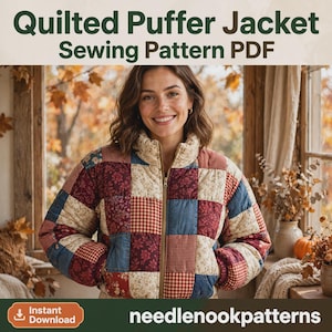 Naaipatroon voor een gewatteerde jas (PDF), pufferjas voor dames, patchwork gewatteerde jaspatronen, naaipatronen voor damesmaten XXS-XXXXL