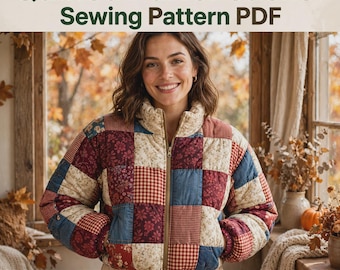 Molde em PDF para jaqueta acolchoada, jaqueta puffer feminina, moldes para jaqueta acolchoada patchwork, moldes de costura para mulheres nos tamanhos XXS a XXXXL