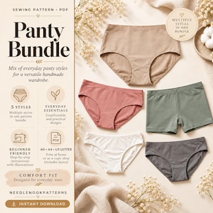 Panty Sewing Pattern PDF, 5-Style Underwear Bundle, Brief Boyshort Bikini Hipster High-Waist, XXS-5XL