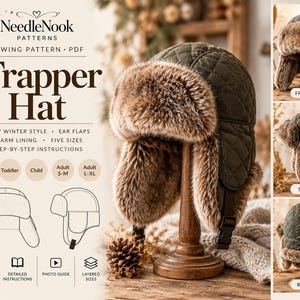 May include: A sewing pattern for a trapper hat by NeedleNook Patterns. The image displays a quilted olive green hat with brown faux fur trim, ear flaps, and a buckle strap. Includes text: NeedleNook Patterns, Trapper Hat, PDF, five sizes.