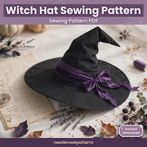 Könnte beinhalten: Ein schwarzer Hexenhut mit breiter Krempe und spitzer Krone, verziert mit einem dunkelvioletten Stoffband, das an der Basis zu einer Schleife gebunden ist. Der Text Witch Hat Sewing Pattern und Sewing Pattern PDF ist oben im Bild zu sehen.