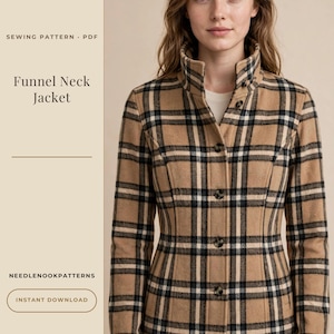 Könnte beinhalten: Eine Jacke mit Stehkragen in einem beigen, schwarzen und weißen Karomuster mit Knopfleiste. Der Text auf der linken Seite lautet: SEWING PATTERN PDF, Funnel Neck Jacket, NEEDLENOOKPATTERNS, INSTANT DOWNLOAD. Die Jacke hat lange Ärmel.