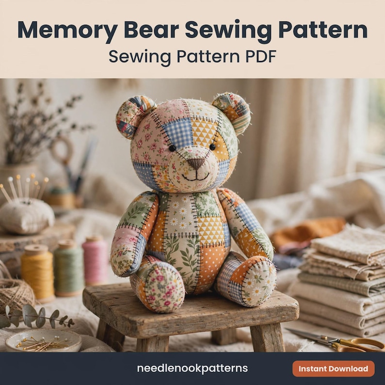 Nähvorlage „Erinnerungsbär“ (PDF), Patchwork-Teddybär zum Selbermachen, Babykleidung für Bären selber machen, Vorlage in A4 und US Letter, Sofort-Download Bild 1