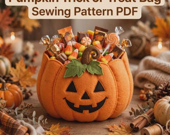 Nähvorlage für eine Kürbis-Süßigkeitentüte, druckbare PDF-Datei, anfängerfreundliche Halloween-Tasche, Kürbis-Tragetasche, Filz-Süßigkeiteneimer, Herbst-DIY