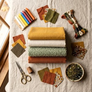 K&ouml;nnte beinhalten: Ein Stapel aus vier gefalteten Stoffen in Senfgelb, Creme, salbeigr&uuml;nem Sherpa und rostorangefarbenem Kord. Dazu geh&ouml;ren bunte Wachsmalstifte, Stickgarn, Stoffmuster, eine Metallschere, ein Fingerhut und eine Schale mit Stecknadeln.