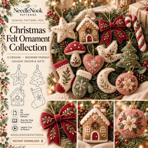 Christmas Felt Ornament Patterns, 12 Designs + 2 Bonus, Hand Sewing PDF