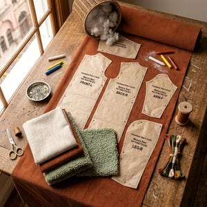K&ouml;nnte beinhalten: Ein Set aus Papierschnittmustern mit der Aufschrift Faisalabad Tailor's Guild Memory Bear Pattern Pieces, bestehend aus Vorder-, R&uuml;ck-, Arm- und Beinteilen, angeordnet auf einer Rolle orangefarbenem Kordstoff mit N&auml;hzubeh&ouml;r, Garn und Stoffresten.
