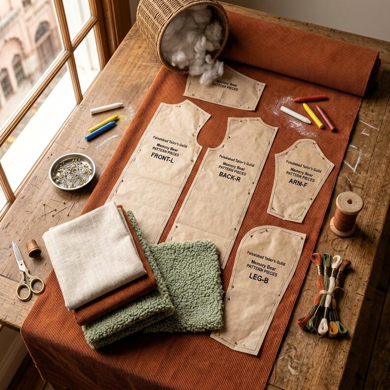K&ouml;nnte beinhalten: Ein Set aus Papierschnittmustern mit der Aufschrift Faisalabad Tailor's Guild Memory Bear Pattern Pieces, bestehend aus Vorder-, R&uuml;ck-, Arm- und Beinteilen, angeordnet auf einer Rolle orangefarbenem Kordstoff mit N&auml;hzubeh&ouml;r, Garn und Stoffresten.