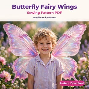 May include: A digital sewing pattern PDF titled Butterfly Fairy Wings by needlenookpatterns. The image displays large, iridescent, light pink and purple butterfly wings with detailed vein structures, presented as a downloadable design file.