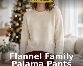 Mönster för flanellpyjamasbyxor, familjematchande julpyjamas PDF, damstorlekar XXS-4XL + barn, nybörjarmysbyxor