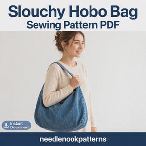 Patron de couture PDF pour sac hobo souple, sac bandoulière réversible, idéal pour débutants, patron facile à réaliser, téléchargement instantané aux formats A4 et Lettre US.