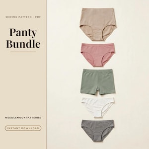 Könnte beinhalten: Ein PDF-Schnittmuster Panty Bundle von NEEDLENOOKPATTERNS mit fünf Unterhosen in Beige, Altrosa, Salbeigrün, Weiß und Anthrazit, vertikal angeordnet mit dem Text Panty Bundle und Instant Download.