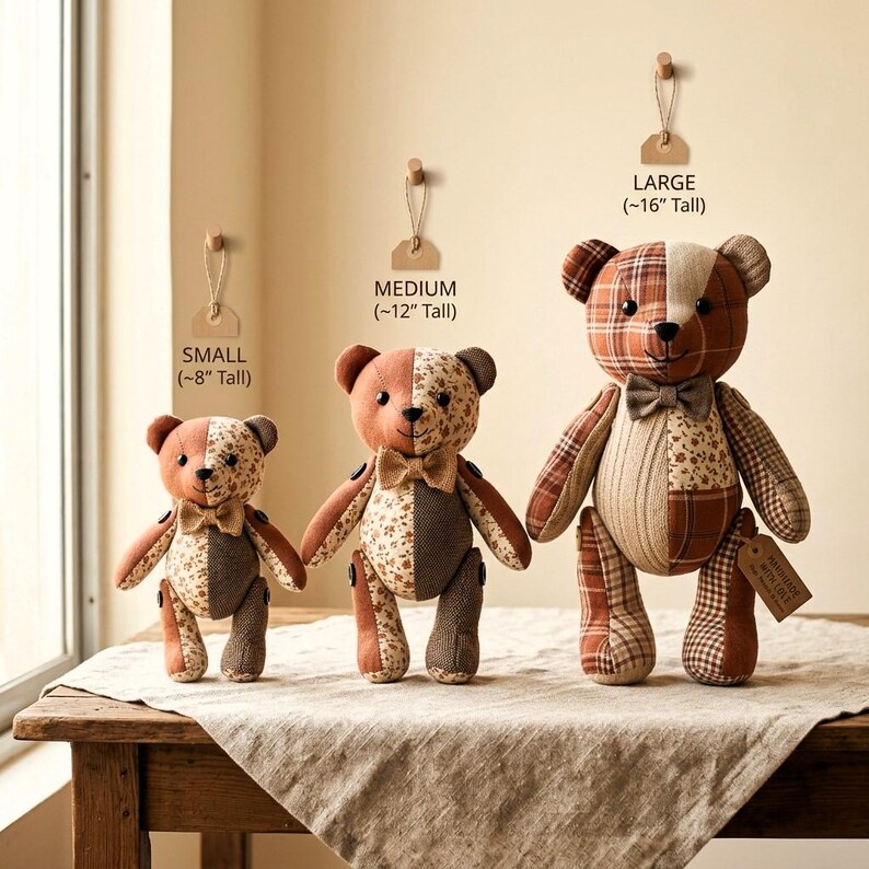 K&ouml;nnte beinhalten: Drei Patchwork-Teddyb&auml;ren in Braun- und Beiget&ouml;nen mit Blumen- und Karomustern. Die B&auml;ren sind nach Gr&ouml;&szlig;e beschriftet: klein mit 20 cm, mittel mit 30 cm und gro&szlig; mit 41 cm H&ouml;he, jeder mit einer Fliege versehen.