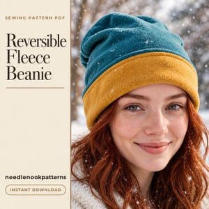 May include: A reversible fleece beanie featuring a teal crown and a mustard yellow folded brim. The text on the left reads SEWING PATTERN PDF, Reversible Fleece Beanie, needlenookpatterns, and INSTANT DOWNLOAD.
