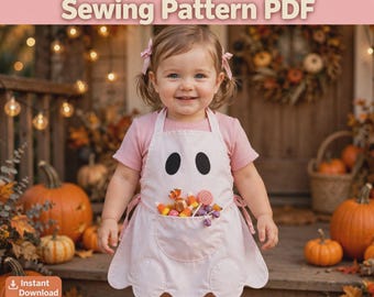 Avental de Fantasma em PDF para Costura, Porta-Doces de Halloween para Crianças, Sacola de Guloseimas para Bebês, Avental para Fantasia de Fantasma, Molde de Costura Infantil para o Halloween