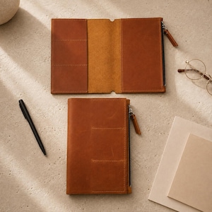 Puede incluir: Una funda de cuaderno de cuero color canela mostrada en posición abierta y cerrada. La funda cuenta con un bolsillo vertical con cremallera en el lado derecho, un exterior liso y ranuras interiores para organización. Un bolígrafo negro y unas gafas están colocados cerca.