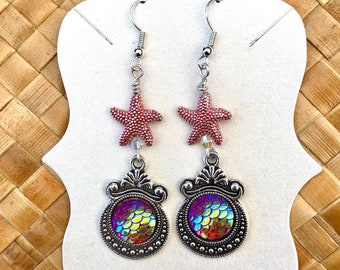 Mermaid Earrings, Mermaid Scales Charm, Starfish Earrings, Beach Earrings