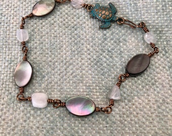 Abalone Sea Turtle Bracelet, Bronze Wire Wrapped Bracelet Sea Turtle Jewelry