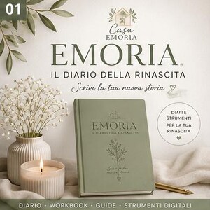 Può includere: Un diario verde salvia intitolato EMORIA IL DIARIO DELLA RINASCITA con un disegno botanico a linee sulla copertina. Il diario è esposto con un vaso bianco a coste contenente gipsofila, una candela accesa e una penna dorata. Testo: EMORIA.