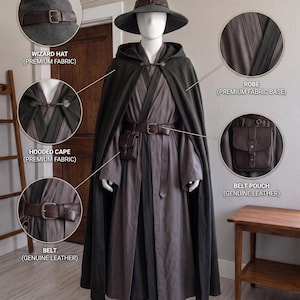 Medeltida trollkarldräkt | Fantasimagikermantel | Huva | Trollkarlshatt | Renässans LARP-cosplay | Trollkarldräkt.