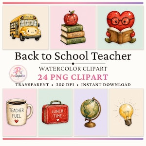 Tillbaka till skolan lärare clipart-paket, söt akvarell PNG-uppsättning, kawaii klassrumsgrafik, illustrationer med Apple Globe-glödlampa, nedladdning