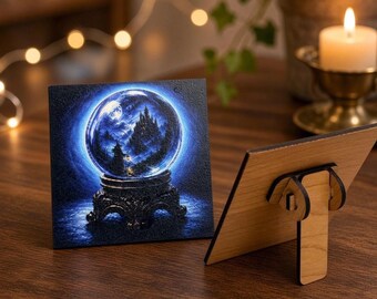 Witch Art Tile, Crystal Ball UV Printed Art with 4.25-Inch Easel