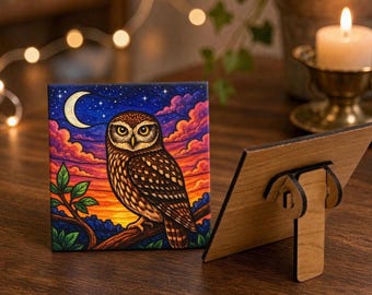 Owl Art Tile, 4.25-Inch UV Printed with Crescent Moon Art