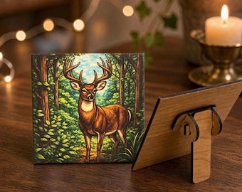 Deer Art Tile, Whitetail Buck Stained Glass Style, Textured UV Print 4.25"