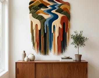 Puede incluir: Un gran tapiz de pared de fibra con un diseño de paisaje que incluye montañas, un sol y un río sinuoso. La pieza utiliza tonos amarillo mostaza, verde bosque, terracota y azul marino, con largos hilos colgantes en la parte inferior.