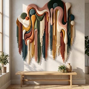 May include: A large wall hanging featuring layered, organic fabric shapes in shades of forest green, terracotta, mustard yellow, cream, and dusty pink. The composition includes rounded, padded forms and numerous vertical hanging fiber strands.