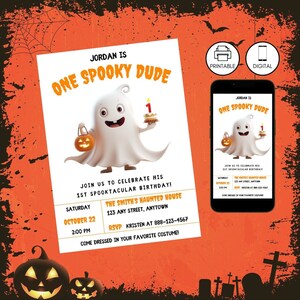 Erster Geburtstag Geist Halloween-Einladung Vorlage, ein gruseliger Dude Party einladen, bearbeitbare Canva druckbare, sofortige Download, weiß Orange