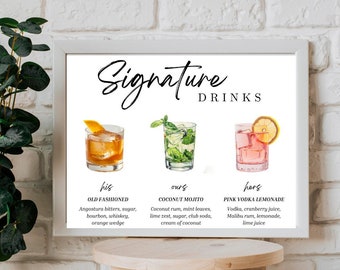 Signature Drinks His Hers Ours Sign Template, Instant Download, Editable Template, Bar Menu Cocktail Sign, Old Fashioned, Minimalist Wedding