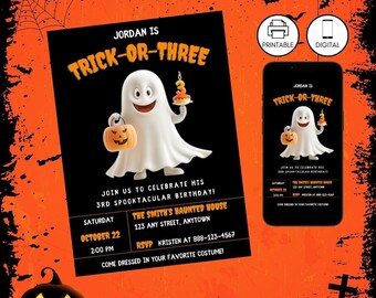 Szablon zaproszenia na trzecie urodziny Halloween Trick lub trzy, upiorny duch na trzecie urodziny dla dzieci, edytowalny, czarno-pomarańczowy, natychmiastowe pobranie