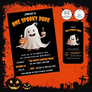 Erster Geburtstag Geist Halloween-Einladung Vorlage, ein gruseliger Dude Party einladen, bearbeitbare Canva druckbare, sofortige Download, schwarz Orange