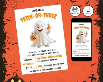 Szablon zaproszenia na trzecie urodziny Halloween Trick lub trzy, upiorny duch na trzecie urodziny dla dzieci, edytowalny, pomarańczowy i biały, natychmiastowe pobranie
