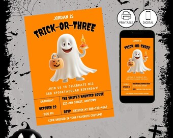 Halloween Third Birthday Trick or Three Invitation Template, Spooky Ghost 3rd Bday Kids Invite, Editable, Orange Black, Instant Download