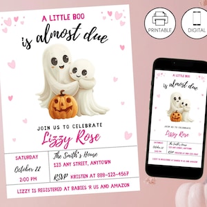 A Little Boo Is Almost Due Pink Girl Baby Shower Invitation Template, Halloween Ghost Pumpkin Invite, Instant Download, Editable Printable,