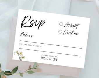 Plantilla de postal Calla Lily Rsvp, tarjeta de respuesta de asistencia imprimible editable, descarga instantánea, tarjeta de respuesta floral insertar minimalista moderno