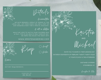 Sage Green Wedding Invitation Suite Template, Instant Download, Jade Floral Stationery Bundle, Modern Boho Minimal, Invite Details RSVP
