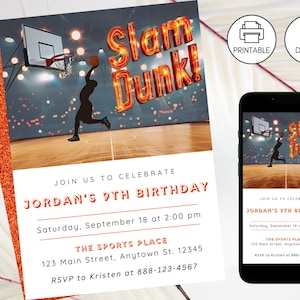 Modelo de convite para festa de aniversário de basquete Slam Dunk, convite de basquete esportivo, download instantâneo, tema de quadra de basquete para meninos, luzes laranja e pretas