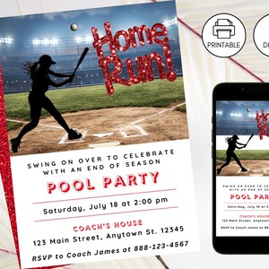 End Of Season Girls Baseball Team Pool Party Invitation Template, Home Run BBQ School Celebration Invite, Instant Download, Swing On Over
