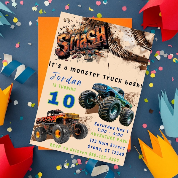 Monster Truck Birthday, Personalized Boy Birthday, Monster Truck Card Design, Editable Invitation, Editable Template, Monster Truck Theme